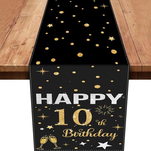 10.Tischläufer Geburtstag,Schwarz Gold Tischdeko 10 Geburtstag Junge Happy Birthday Tischläufer Tischdecke für 10 Geburtstag Party Dekoration 180 x 35cm von Xinvery