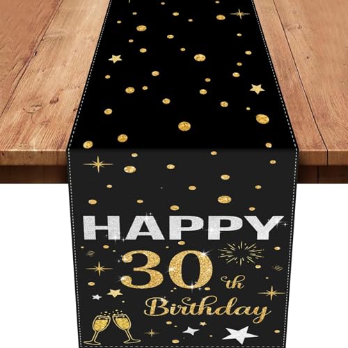 30.Tischläufer Geburtstag,Schwarz Gold Tischdeko 30 Geburtstag Happy Birthday Tischläufer Tischdecke für 30 Geburtstag Party Dekoration 180 x 35cm von Xinvery