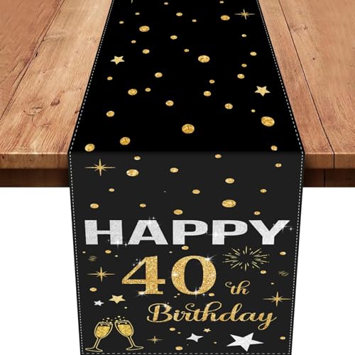 40.Tischläufer Geburtstag,Schwarz Gold Tischdeko 40 Geburtstag Happy Birthday Tischläufer Tischdecke für 40 Geburtstag Party Dekoration 180 x 35cm von Xinvery