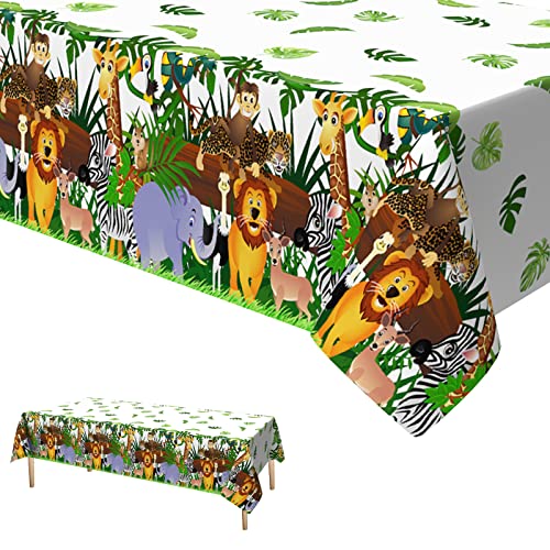 Xinvery Safari Dschungel Tischdecke Geburtstag, Dschungel Tier Party Tischdecke Urwald Safari Tiere Tischdecke Plastik Wasserdicht für Geburtstag Wild One Baby Party Deko 137 x 274cm von Xinvery