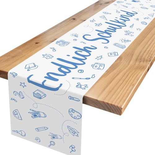 Tischdeko Einschulung Junge,Blau Weiß Tischdeko Endlich Schulkind Schulanfang Tischläufer für Schulkind Schulstart Party Dekoration 180 x 35cm von Xinvery