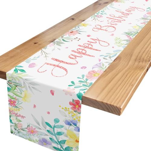 Tischläufer Geburtstag Blume,Rosa Grün Tischläufer Geburtstag Dekoration Happy Birthday Tischdecke Deko für Männer Frauen Geburtstag Party Dekoration 180 x 35cm von Xinvery