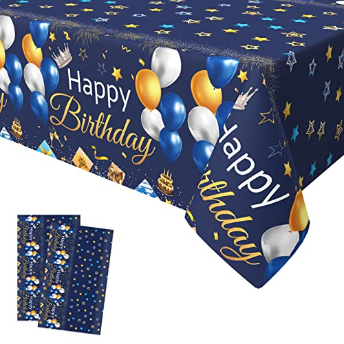 Xinvery 2PCS Party Tischdecke Blau Gold, Happy Birthday Tischtuch Luftballons Stern Rechteck Wasserdicht Dünn Plastic Tischtuch für Party Geburtstag Dekorationen 137 x 274cm von Xinvery