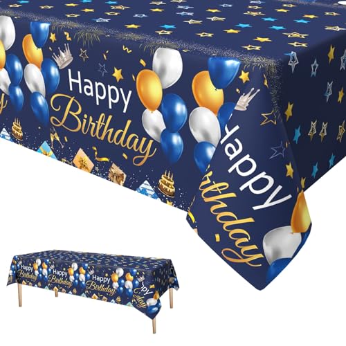 Xinvery Party Tischdecke Blau Gold, Happy Birthday Tischtuch Luftballons Stern Rechteck Wasserdicht Dünn Plastic Tischtuch für Party Geburtstag Dekorationen 137 x 274cm von Xinvery