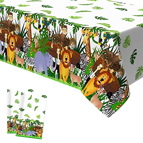 Xinvery Safari Dschungel Tischdecke Geburtstag, Dschungel Tier Party Tischdecke Urwald Safari Tiere Tischdecke Plastik Wasserdicht für Geburtstag Wild One Baby Party Deko 2PCS 137 x 274cm von Xinvery