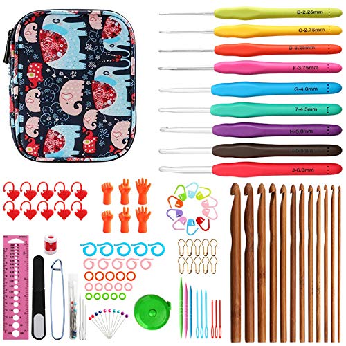 Xinyanmy 111er Set All-in-One Häkelset Zubehör Kit Häkeln mit Tragbar Tasche, Ergonomische Griffe Stricken Nadeln mit Weichen Plastikgriff Bambusnadeln Strickwerkzeuge für Anfänger und Profis von Xinyanmy