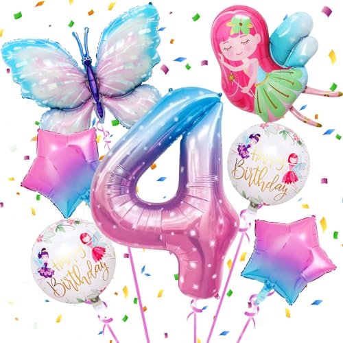 4 Geburtstag Mädchen,Schmetterlinge Deko Geburtstag Mädchen 4 Jahre,4. Blumenfee Deko,Schmetterling Folienballon,Schmetterling Geburtstag Party Set zum 4. Geburtstag des Mädchens von Xionghonglong