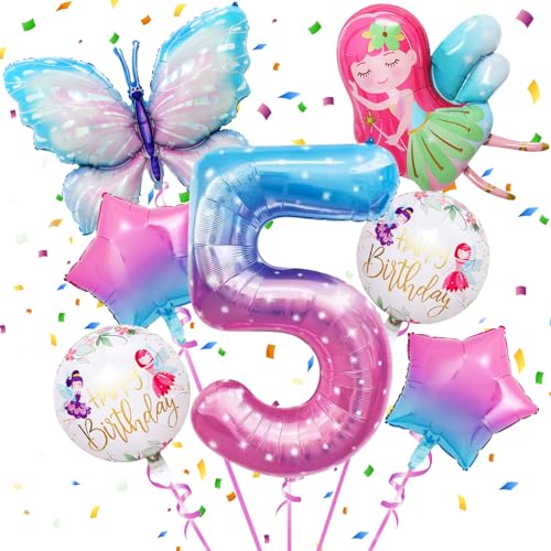 5 Geburtstag Mädchen,Schmetterlinge Deko Geburtstag Mädchen 5 Jahre,5. Blumenfee Deko,Schmetterling Folienballon,Schmetterling Geburtstag Party Set zum 5. Geburtstag des Mädchens von Xionghonglong