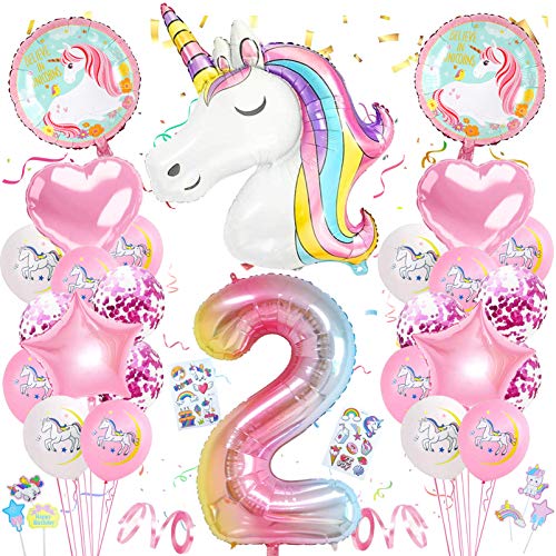 Einhorn 2 Geburtstag Deko,2. Geburtstag Mädchen,Luftballon 2. Geburtstag Rosa,2.Geburtstagsdeko Einhorn,2. Ballon Einhorn Deko für Geburtstag Mädchen von Xionghonglong