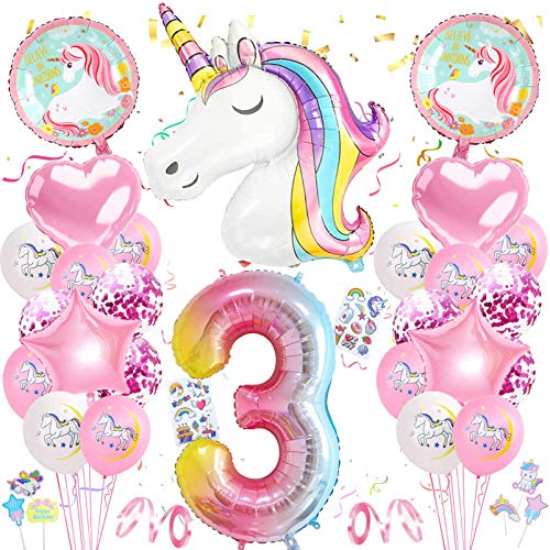 Einhorn 3 Geburtstag Deko,3. Geburtstag Mädchen,Luftballon 3. Geburtstag Rosa,3.Geburtstagsdeko Einhorn,3. Ballon Einhorn Deko für Geburtstag Mädchen von Xionghonglong