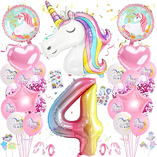 Einhorn 4 Geburtstag Deko,4. Geburtstag Mädchen,Luftballon 4. Geburtstag Rosa,4.Geburtstagsdeko Einhorn,4. Ballon Einhorn Deko für Geburtstag Mädchen von Xionghonglong