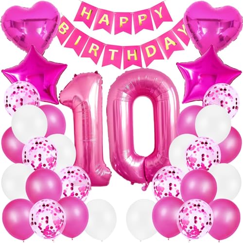 Geburtstag Luftballon Dekoration 10 Jahre Mädchen, Rosa Zahl 10. Geburtstagsdeko, Riesen Folienballon 10. Rosa, Happy Birthday Banner Kindergeburtstag Deko 10. Geburtstag Mädchen von Xionghonglong