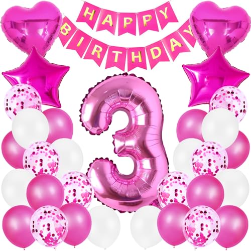 Geburtstag Luftballon Dekoration 3 Jahre Mädchen, Rosa Zahl 3. Geburtstagsdeko, Riesen Folienballon 3. Rosa, Happy Birthday Banner Kindergeburtstag Deko 3. Geburtstag Mädchen von Xionghonglong