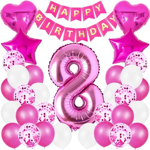 Geburtstag Luftballon Dekoration 8 Jahre Mädchen, Rosa Zahl 8. Geburtstagsdeko, Riesen Folienballon 8. Rosa, Happy Birthday Banner Kindergeburtstag Deko 8. Geburtstag Mädchen von Xionghonglong