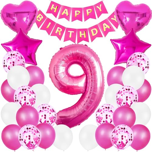 Geburtstag Luftballon Dekoration 9 Jahre Mädchen, Rosa Zahl 9. Geburtstagsdeko, Riesen Folienballon 9. Rosa, Happy Birthday Banner Kindergeburtstag Deko 9. Geburtstag Mädchen von Xionghonglong