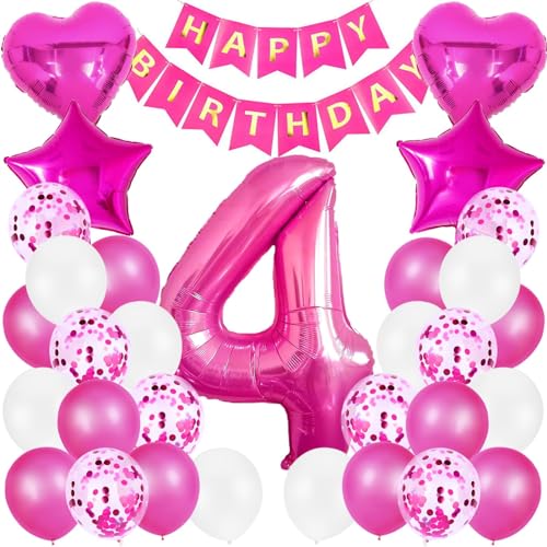 Geburtstag Luftballon Dekoration 4 Jahre Mädchen, Rosa Zahl 4. Geburtstagsdeko, Riesen Folienballon 4. Rosa, Happy Birthday Banner Kindergeburtstag Deko 4. Geburtstag Mädchen von Xionghonglong