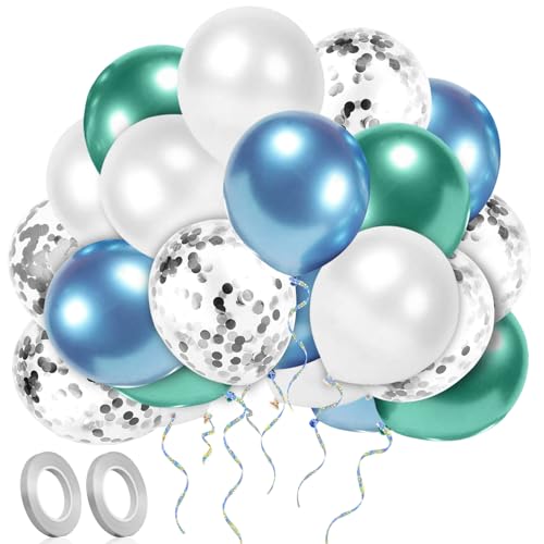 Luftballons Blau Weiß,52 Stück Luftballons Grün Blau Weiß,30 cm Metallic Konfetti Latex Ballons,Metallic Gold Konfetti Balloons,Luftballons Geburtstag Blau Grün Weiß Silber,Luftballons Gold Weiß von Xionghonglong
