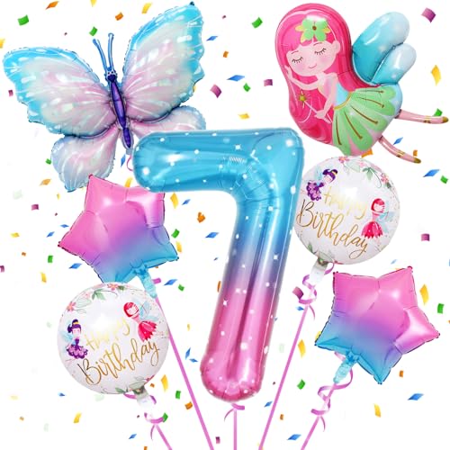 7 Geburtstag Mädchen,Schmetterlinge Deko Geburtstag Mädchen 7 Jahre,7. Blumenfee Deko,Schmetterling Folienballon,Schmetterling Geburtstag Party Set zum 7. Geburtstag des Mädchens von Xionghonglong