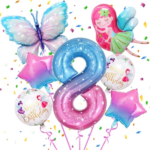 8 Geburtstag Mädchen,Schmetterlinge Deko Geburtstag Mädchen 8 Jahre,8. Blumenfee Deko,Schmetterling Folienballon,Schmetterling Geburtstag Party Set zum 8. Geburtstag des Mädchens von Xionghonglong