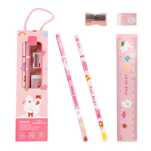 Einschulung Deko Briefpapier Set, 2 Holzstifte + 1 Kunststoff Lineal + 1 Radiergummi + 1 Spitzer, Schulkind Büchertaschenfüller, Skizzieren Mitgebsel Kindergeburtstag, Kinder Tier Briefpapier Geschenk von Xiqunw