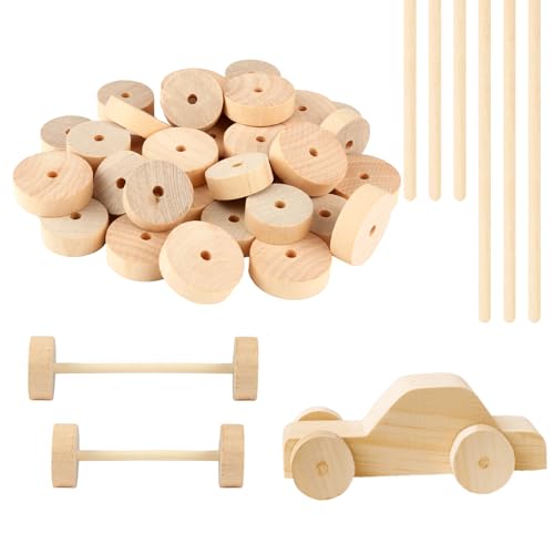 Xishoyen 40 Stück Holzrad Holzstäbe Set, Unfertige Holzräder, 2,8 cm und 3,5 cm Holz-Bastelräder mit Holzstäbchen, Mini Holzscheibe mit Löch für DIY Handwerk Malerei Basteln, Modellautos von Xishoyen
