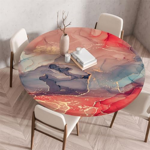 Rund Marmor-Tischbezug Für Den Innenbereich,Home Decor, Wasserdicht Abwischbar Tischabdeckung, Elastische Kante Tischdecke, Passt Essen, Outdoor-Garten, Küche, Wohnbereiche (Rot,80cm) von Xisnuient