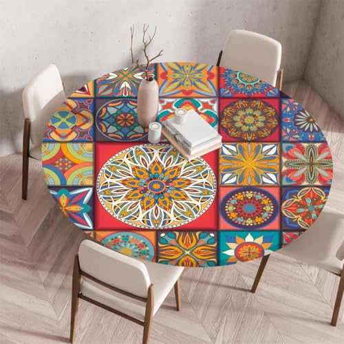 Tischdecke Outdoor Rund Mit Gummizug, Wetterfest Abwaschbar Tischdecken Rund Garten Outdoor Böhmen Mandala-3D-Druck Restaurant Draußen Biertisch Gartentisch (Colour 1,100cm) von Xisnuient