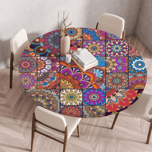 Tischdecke Outdoor Rund Mit Gummizug, Wetterfest Abwaschbar Tischdecken Rund Garten Outdoor Böhmen Mandala-3D-Druck Restaurant Draußen Biertisch Gartentisch (Colour 3,120cm) von Xisnuient