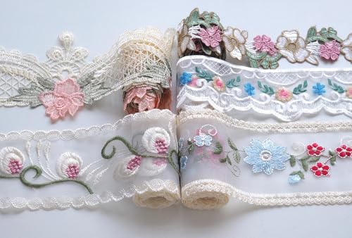 Xiufortion 5 Rollen bunte Spitzenstoffe mit floralem Spitzenbesatz, insgesamt 4,5 m (91 cm pro Stil), für Bastelarbeiten, Nähen, Geschenke, Dekoration, Urlaub, Verpackung, Mini-Kleidung und von Xiufortion