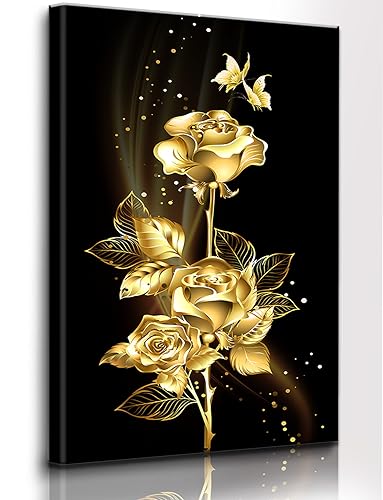 Xiuwon Goldene Rose Wandkunst, abstraktes goldenes Blatt-Poster, Blumenbaumdruck, Schmetterlingsmalerei Bilder auf Rosen, Wohnzimmer, Schlafzimmer, Badezimmer, Dekoration, ungerahmt, Größe 40,6 x 61 von Xiuwon