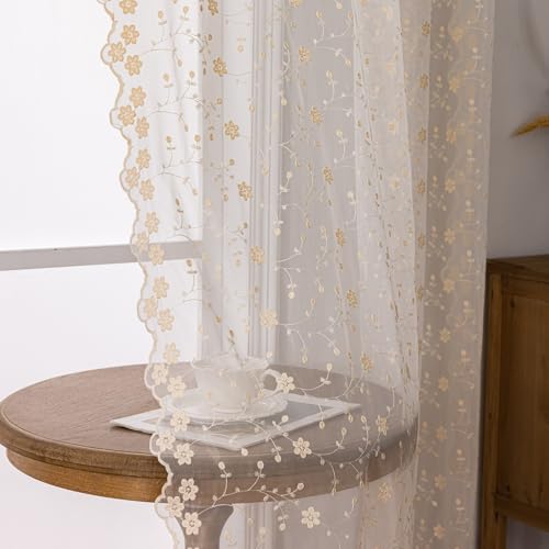 Xiyocadt 140x100 bis 260 cm, beige Gardinen aus Spitze, Moderne bestickte Gardinen mit kleinen Löchern, für Wohnzimmer, Landhaus, Schlafzimmer, 2 Stück (140 * 100cm,512 Pflaume Beige) von Xiyocadt