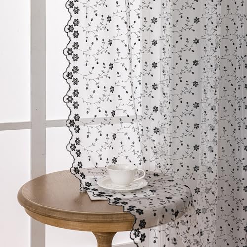 Xiyocadt 140x100 bis 260 cm, beige Gardinen aus Spitze, Moderne bestickte Gardinen mit kleinen Löchern, für Wohnzimmer, Landhaus, Schlafzimmer, 2 Stück (140 * 245cm,512 Pflaume Schwarz) von Xiyocadt