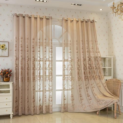 Xiyocadt 2-teiliges Set, moderner Vorhangschal, Wohnzimmer, durchsichtig, Jacquard, gemusterte Vorhänge, Dekoration (140 * 260cm,Curry) von Xiyocadt