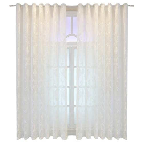 Xiyocadt 2er Set, Moderner Vorhangschal, Wohnzimmer, Transparent, Vorhänge mit Stickerei, Jacquard, Kettwirkung, Kreppmuster, Dekoration, (Ahornweiß/Ahorngrau) (140 * 260cm,Weiß) von Xiyocadt