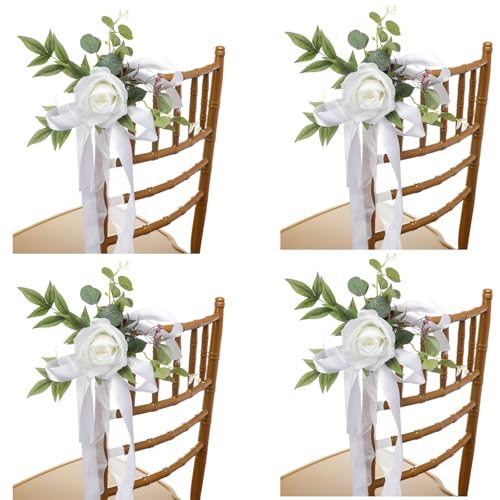 Xiyocadt 4 Stück Hochzeits-Stuhl-Rücken-Blumen, Blumen mit Blättern und Bändern, Hochzeitsgang, Stuhlblumen, Künstlichen Stuhl Dekor, Stuhl Rücken Blumendekoration für Zeremonie (Weiß) von Xiyocadt