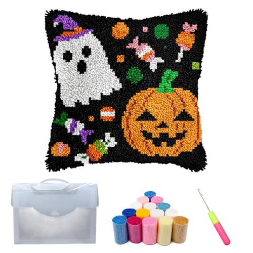Xiyocadt Halloween Knüpfkissen Set für Erwachsene und Kinder,Anfänger,DIY,Knüpfkissen-Set,vorgedruckte Bastelteppich-Kits,Kreuzstich,Stickerei,Kissenbezug für Zuhause,Sofa,Dekoration (A) von Xiyocadt