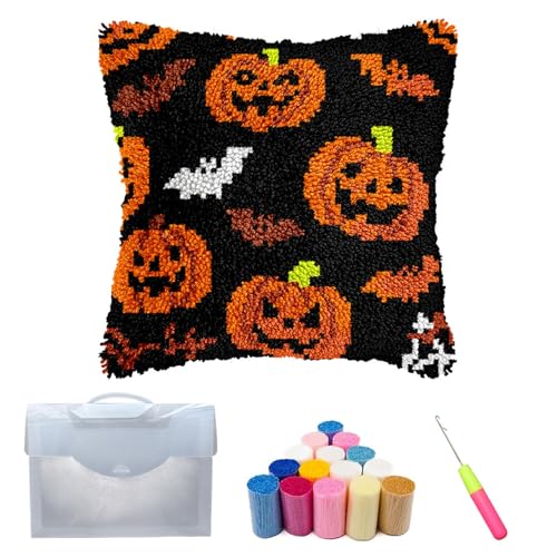 Xiyocadt Halloween Knüpfkissen Set für Erwachsene und Kinder,Anfänger,DIY,Knüpfkissen-Set,vorgedruckte Bastelteppich-Kits,Kreuzstich,Stickerei,Kissenbezug für Zuhause,Sofa,Dekoration (B) von Xiyocadt