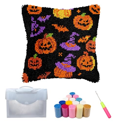 Xiyocadt Halloween Knüpfkissen Set für Erwachsene und Kinder,Anfänger,DIY,Knüpfkissen-Set,vorgedruckte Bastelteppich-Kits,Kreuzstich,Stickerei,Kissenbezug für Zuhause,Sofa,Dekoration (C) von Xiyocadt