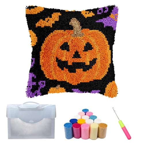 Xiyocadt Halloween Knüpfkissen Set für Erwachsene und Kinder,Anfänger,DIY,Knüpfkissen-Set,vorgedruckte Bastelteppich-Kits,Kreuzstich,Stickerei,Kissenbezug für Zuhause,Sofa,Dekoration (E) von Xiyocadt