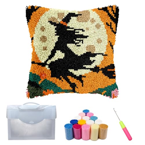 Xiyocadt Halloween Knüpfkissen Set für Erwachsene und Kinder,Anfänger,DIY,Knüpfkissen-Set,vorgedruckte Bastelteppich-Kits,Kreuzstich,Stickerei,Kissenbezug für Zuhause,Sofa,Dekoration (H) von Xiyocadt