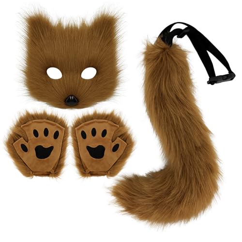Xiyocadt Katzenmaske, Tiermasken, Fuchs Cosplay Kostüm mit Furry Schwanz, Maske und Handschuhe für Halloween Karneval Party Kostüm Accessoire (Braun) von Xiyocadt