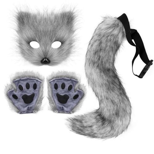 Xiyocadt Katzenmaske, Tiermasken, Fuchs Cosplay Kostüm mit Furry Schwanz, Maske und Handschuhe für Halloween Karneval Party Kostüm Accessoire (Dunkelgrau) von Xiyocadt