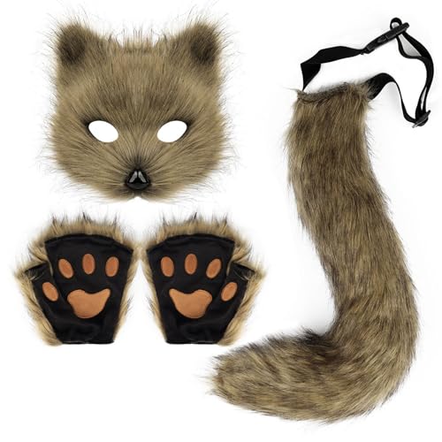 Xiyocadt Katzenmaske, Tiermasken, Fuchs Cosplay Kostüm mit Furry Schwanz, Maske und Handschuhe für Halloween Karneval Party Kostüm Accessoire (Gras Gelb) von Xiyocadt