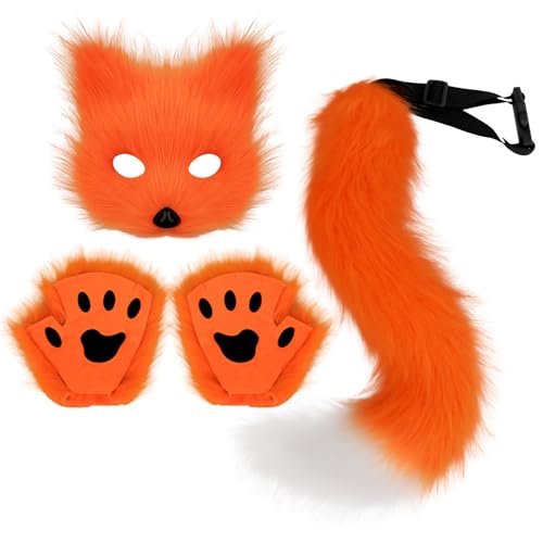 Xiyocadt Katzenmaske, Tiermasken, Fuchs Cosplay Kostüm mit Furry Schwanz, Maske und Handschuhe für Halloween Karneval Party Kostüm Accessoire (Orange) von Xiyocadt
