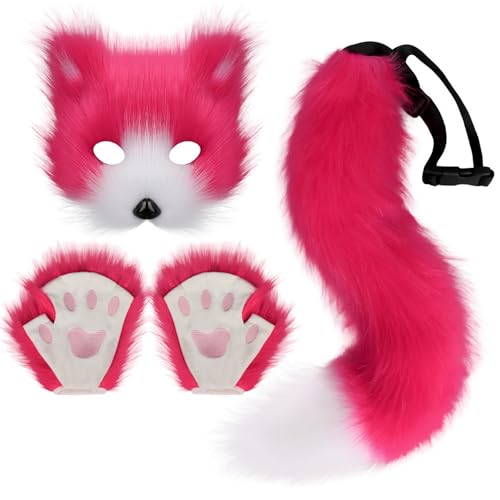 Xiyocadt Katzenmaske, Tiermasken, Fuchs Cosplay Kostüm mit Furry Schwanz, Maske und Handschuhe für Halloween Karneval Party Kostüm Accessoire (Rosenrot) von Xiyocadt