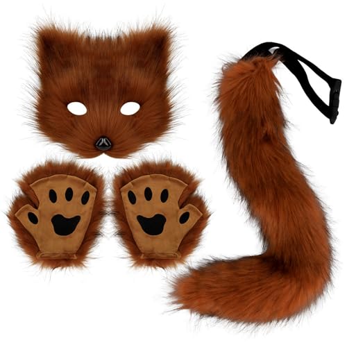 Xiyocadt Katzenmaske, Tiermasken, Fuchs Cosplay Kostüm mit Furry Schwanz, Maske und Handschuhe für Halloween Karneval Party Kostüm Accessoire (Rotbraun) von Xiyocadt