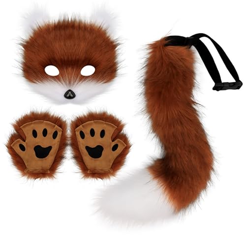 Xiyocadt Katzenmaske, Tiermasken, Fuchs Cosplay Kostüm mit Furry Schwanz, Maske und Handschuhe für Halloween Karneval Party Kostüm Accessoire (Rotbraun Weiß) von Xiyocadt