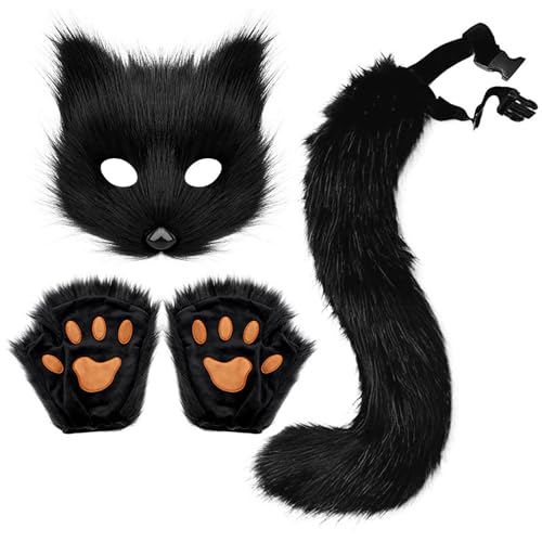 Xiyocadt Katzenmaske, Tiermasken, Fuchs Cosplay Kostüm mit Furry Schwanz, Maske und Handschuhe für Halloween Karneval Party Kostüm Accessoire (Schwarz) von Xiyocadt