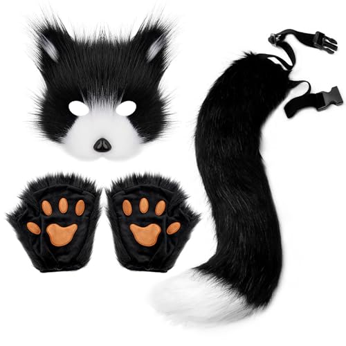 Xiyocadt Katzenmaske, Tiermasken, Fuchs Cosplay Kostüm mit Furry Schwanz, Maske und Handschuhe für Halloween Karneval Party Kostüm Accessoire (Schwarz Weiß) von Xiyocadt