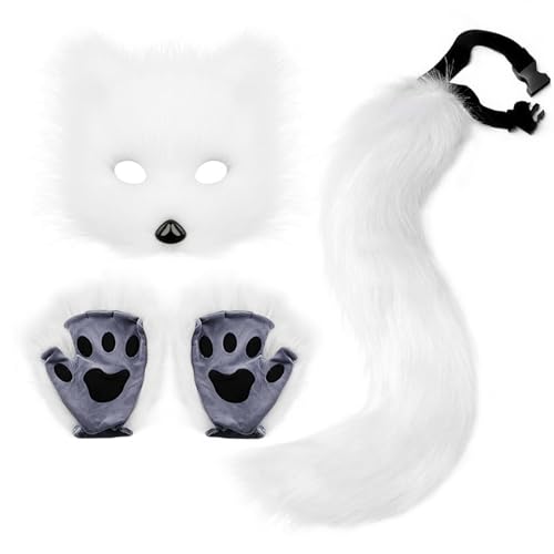 Xiyocadt Katzenmaske, Tiermasken, Fuchs Cosplay Kostüm mit Furry Schwanz, Maske und Handschuhe für Halloween Karneval Party Kostüm Accessoire (Weiß) von Xiyocadt